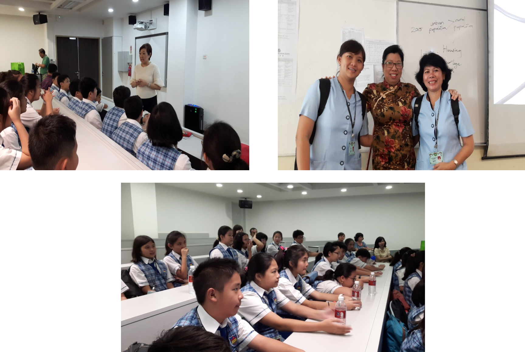 Three photos showing uniformed students seated in a classroom listening to a teacher, and three women posing near a whiteboard.